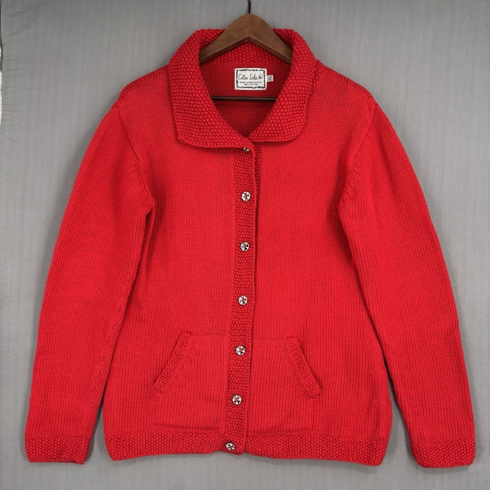 Vintage Cotton Salsa Hand Loomed Sweater XL Red Peru Chunky Knit Cardigan Jacket